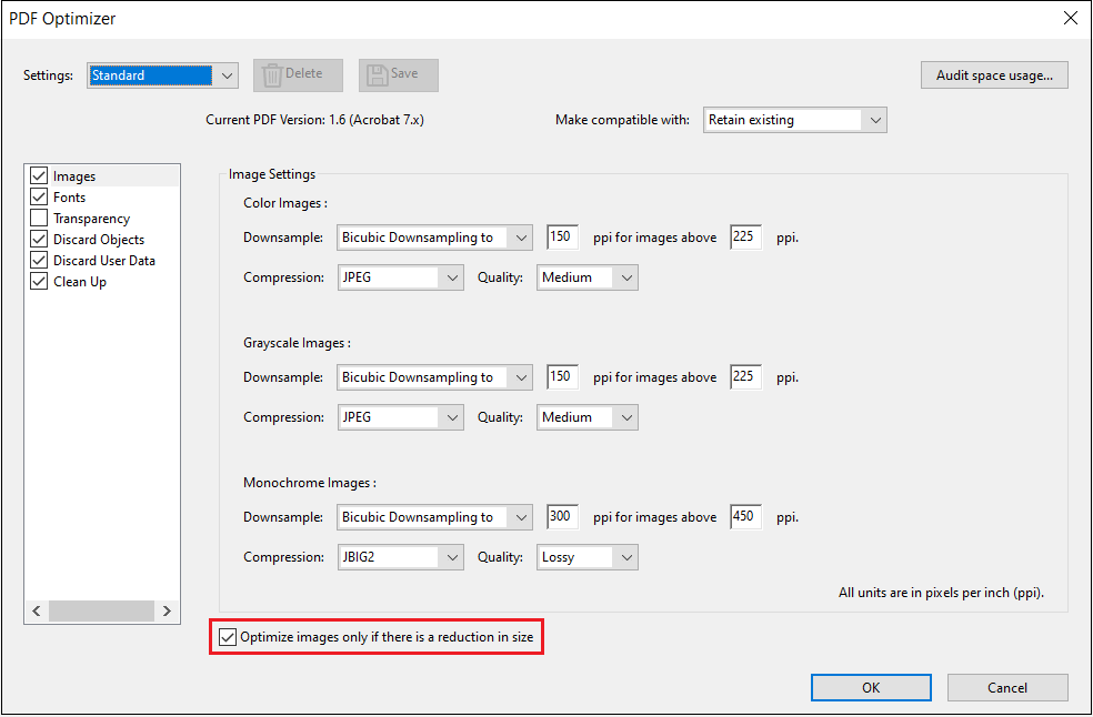 A screenshot showing the PDF optimizer window