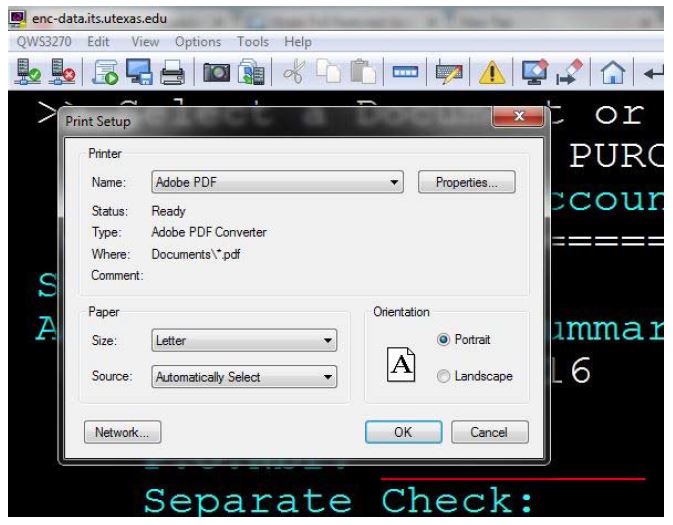 Screen grab of mainframe menu with print menu displayed in print to pdf mode