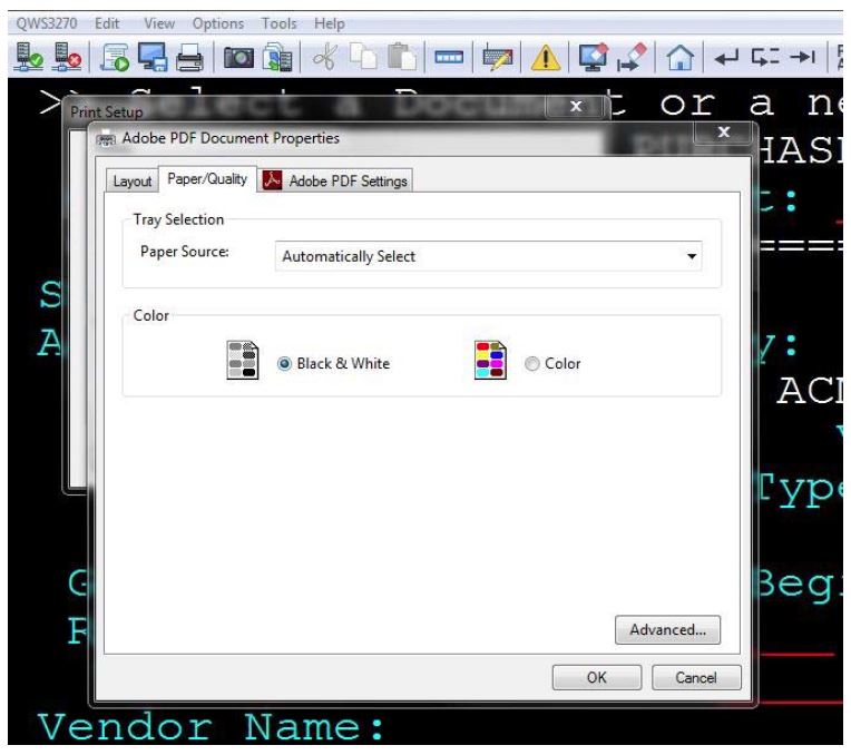 Screen grab of mainframe menu with print menu displayed in print to pdf mode with paper quality selected