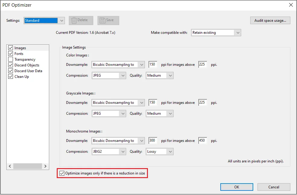 A screenshot showing the PDF optimizer window