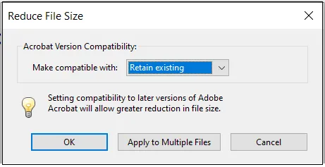 A screenshot showing the reduce file size option.