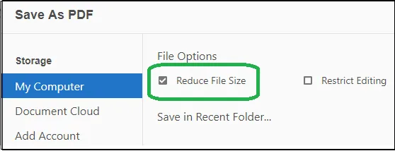 A screenshot showing the save as reduce file size option