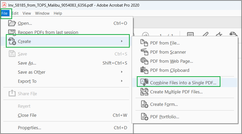 Screenshot identifying "File" tab, "Create" menu, and "Combine Files into Single PDF" option