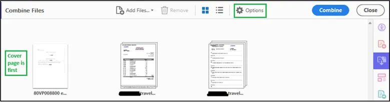 Screenshot indicating correct location of cover sheet and the "Options" button