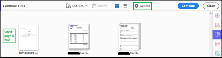 Screenshot indicating correct location of cover sheet and the "Options" button