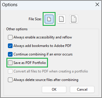Screenshot of "Options" box showing the correct option selected