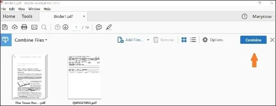 Screenshot identifying the "Combine" button