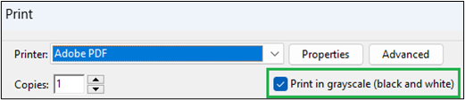 Screenshot of Print dialog box showing selection of "Print in grayscale (black and white)" option