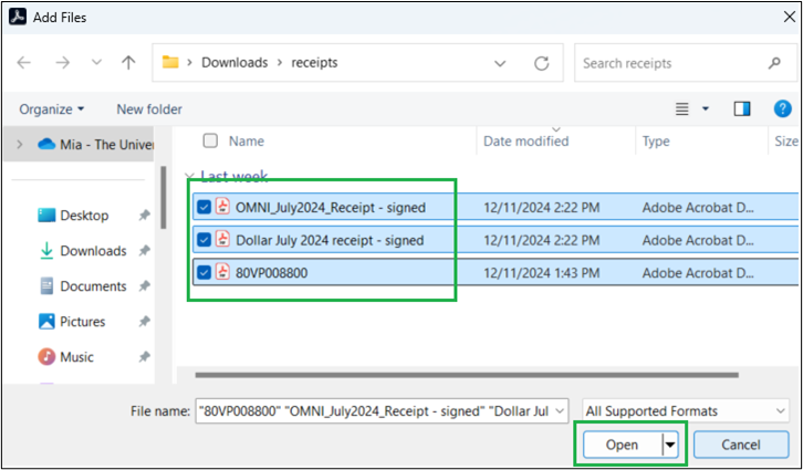 Screenshot indicating how to select more than one file and then selecting the "open" button