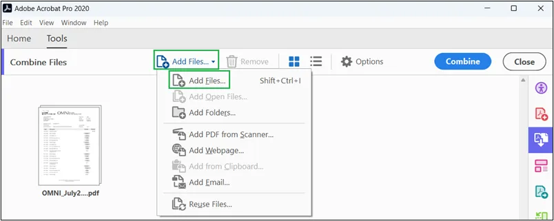 Screenshot of Adobe "Add Files" menu