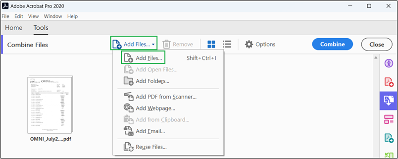 Screenshot of Adobe "Add Files" menu