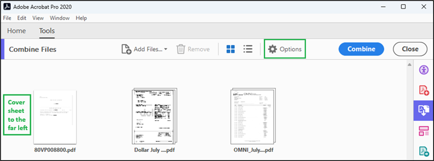 Screenshot indicating correct cover sheet location and identifying the "Options" button