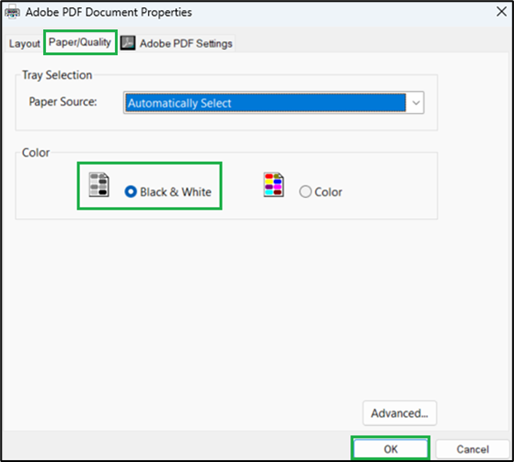 Screenshot identifying "Paper/Quality" options, "Black & White" option selected, and location of "OK" button