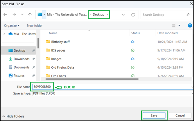 Screenshot indicating file name location and "Save" button