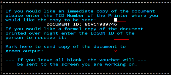 Screenshot of DEFINE print screen with green output selected