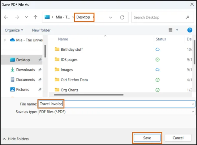 Screenshot identifying the file name and location and the "Save" button