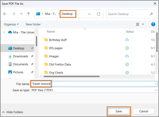 Screenshot identifying the file name and location and the "Save" button