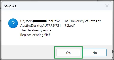Screenshot of "save as" window showing "replace existing file?" alert