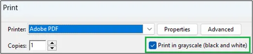 Screenshot of Adobe print window showing "print in greyscale" option
