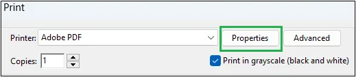 Screenshot of Adobe print window showing Properties button