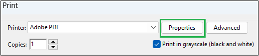 Screenshot of Adobe print window showing Properties button