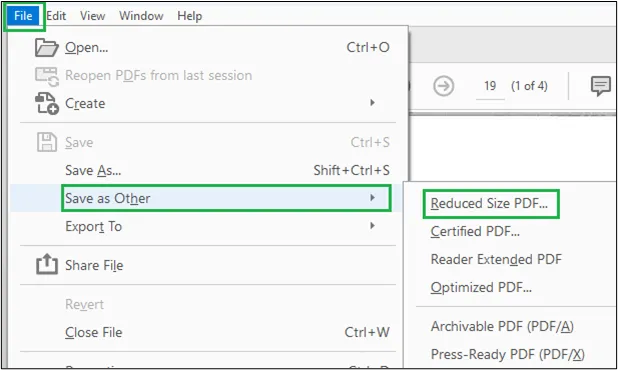 Screenshot of Adobe File menu highlighting "Save as Other" and "Reduced Size PDF"
