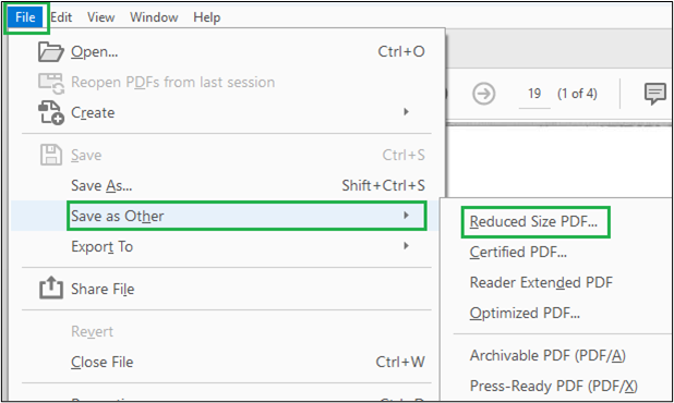Screenshot of Adobe File menu highlighting "Save as Other" and "Reduced Size PDF"
