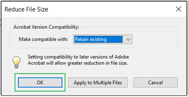 Screenshot of Adobe "reduce file size" window