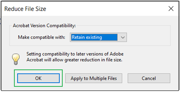 Screenshot of Adobe "reduce file size" window
