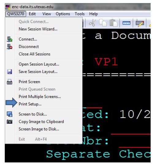 Screen grab of mainframe menu with print menu displayed